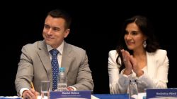 Ecuador's president-elect Daniel Noboa (L) and vice president-elect Veronica Abad gesture before receiving their credentials at the Sucre Theater in Quito on November 15, 2023. Noboa will be sworn in as president for a 17-month term on November 25, finishing the term of outgoing President Guillermo Lasso, who called a snap election to avoid a possible impeachment over alleged embezzlement. (Photo by Rodrigo BUENDIA / AFP) (Photo by RODRIGO BUENDIA/AFP via Getty Images)