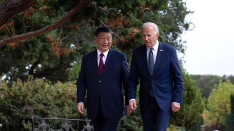 US President Joe Biden and Chinese President Xi Jinping walk together after a meeting during the Asia-Pacific Economic Cooperation (APEC) Leaders' week in Woodside, California on November 15, 2023.