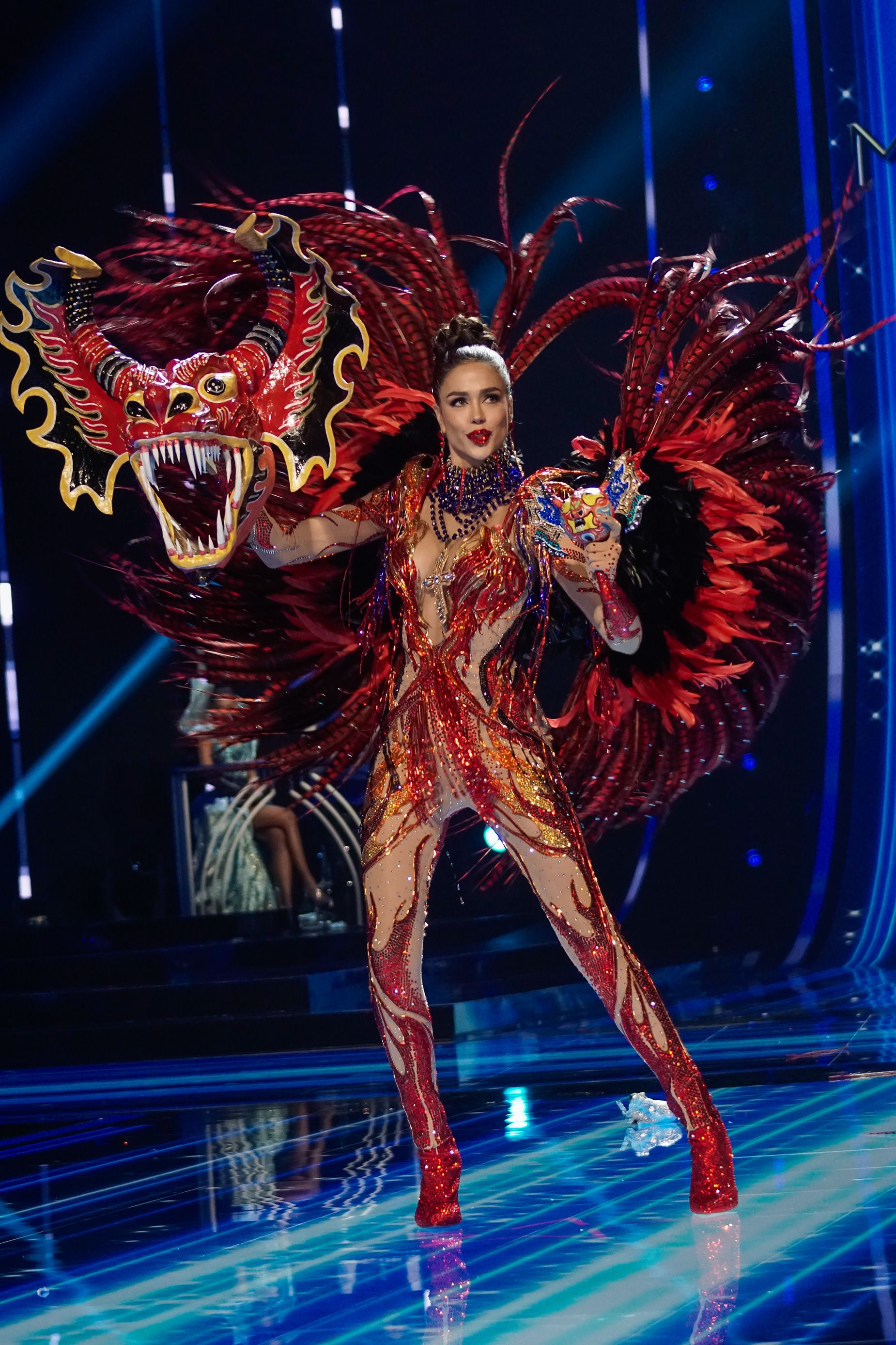 Miss Venezuela's costume paid tribute to the dancing devils, otherwise known as spirit dancers, who perform at religious festivals in her country.