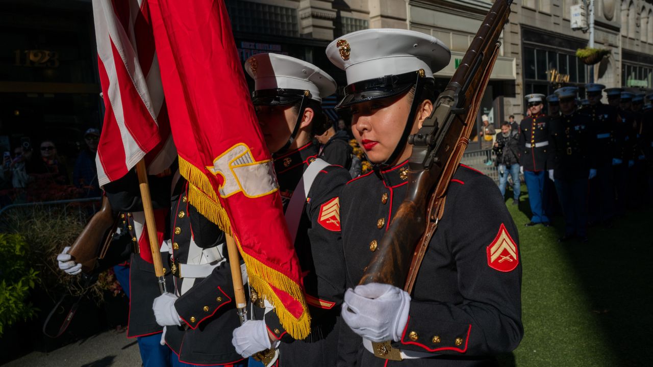 NEW YORK, NEW YORK - NOVEMBER 11: Members of the U.S. Marines participate in the annual Veterans Day Parade on November 11, 2023 in New York City. Hundreds of people lined 5th Avenue to watch the biggest Veterans Day parade in the United States. This years event included veterans, active soldiers, police officers, firefighters and dozens of school groups participating in the parade which honors the men and women who have served and sacrificed for the country (Photo by Spencer Platt/Getty Images)