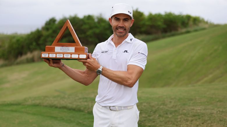 SOUTHAMPTON, BERMUDA - NOVEMBER 12: Camilo Villegas of Colombia poses with the trophy after winning the Butterfield Bermuda Championship at Port Royal Golf Course on November 12, 2023 in Southampton, Bermuda. (Photo by Gregory Shamus/Getty Images)