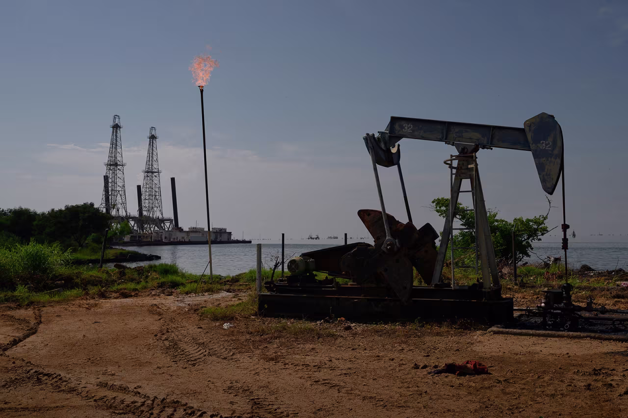 A Petroleos de Venezuela SA oil pumpjack on Lake Maracaibo in Cabimas, Venezuela, on November 17, 2023.