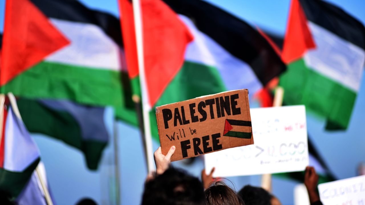 Thousands of pro-Palestinian demonstrators holding banners and Palestinian flags gather at Jackson Drive, blocking DuSable Lake Shore Drive in both directions in Chicago on November 18, 2023.