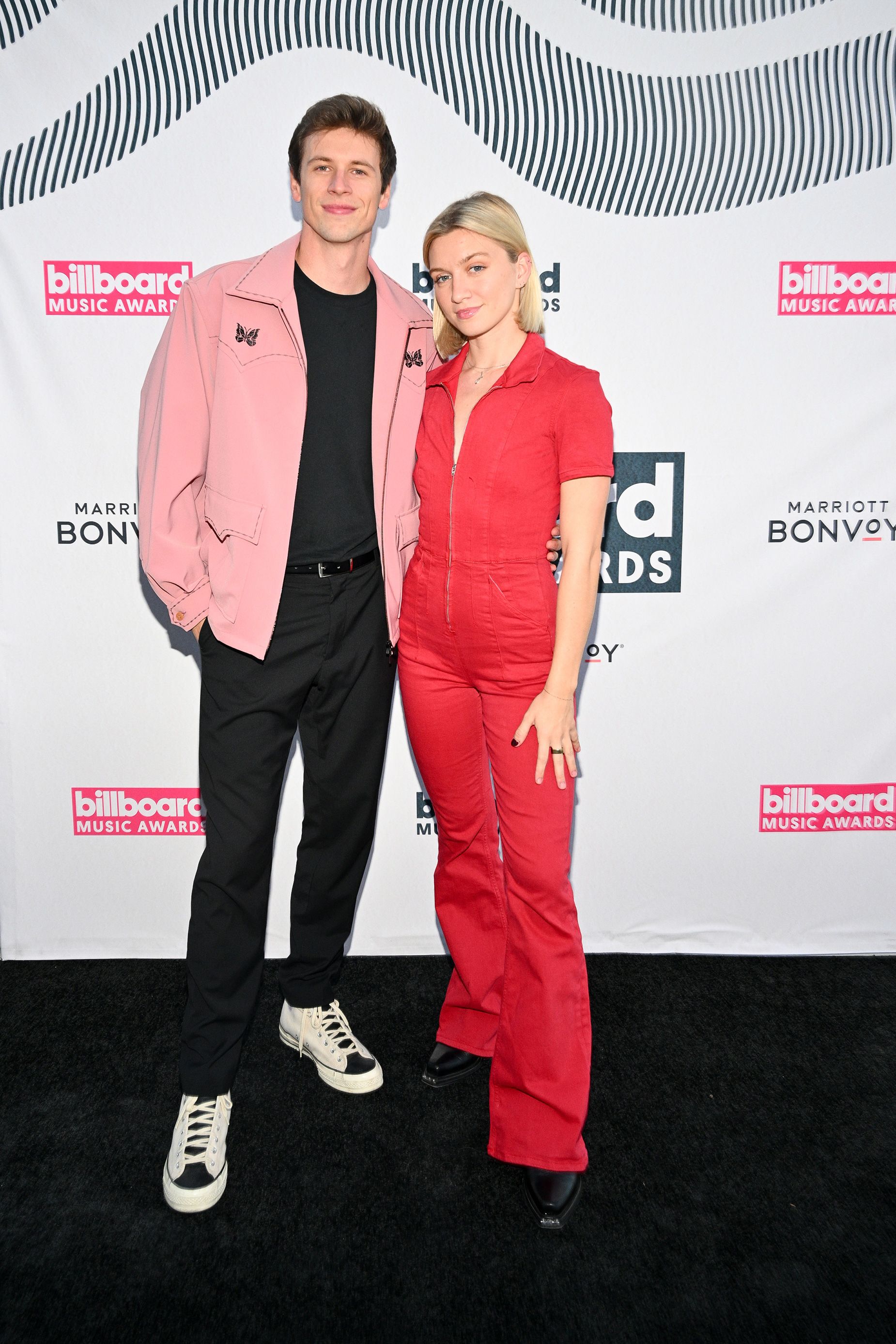 A moment of brightness: Social media stars Anna Sitar and Josh 'Bru' Brubaker brought splashes of color to the otherwise monochromatic affair.