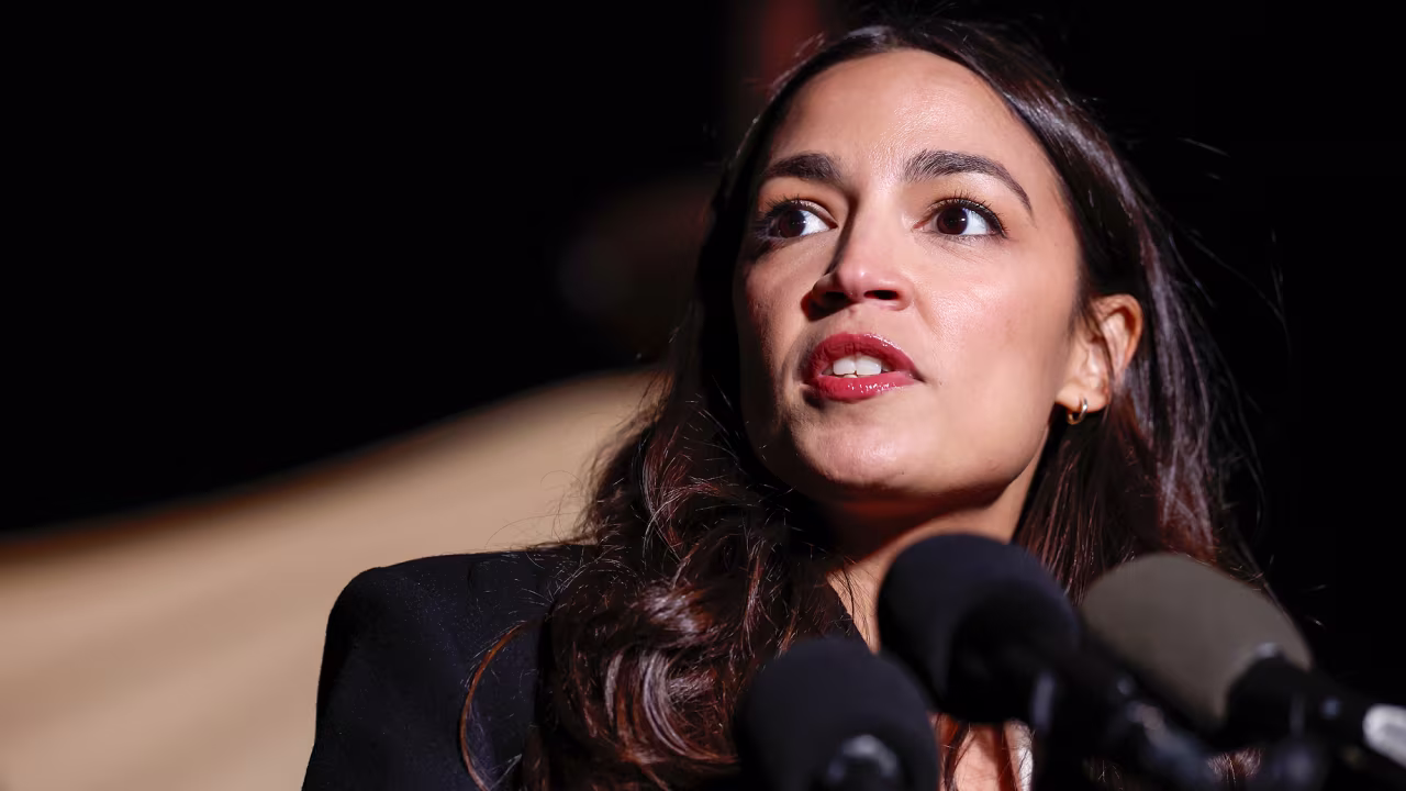 Rep. Alexandria Ocasio-Cortez speaks at a press conference in Washington, DC, on November 13, 2023.