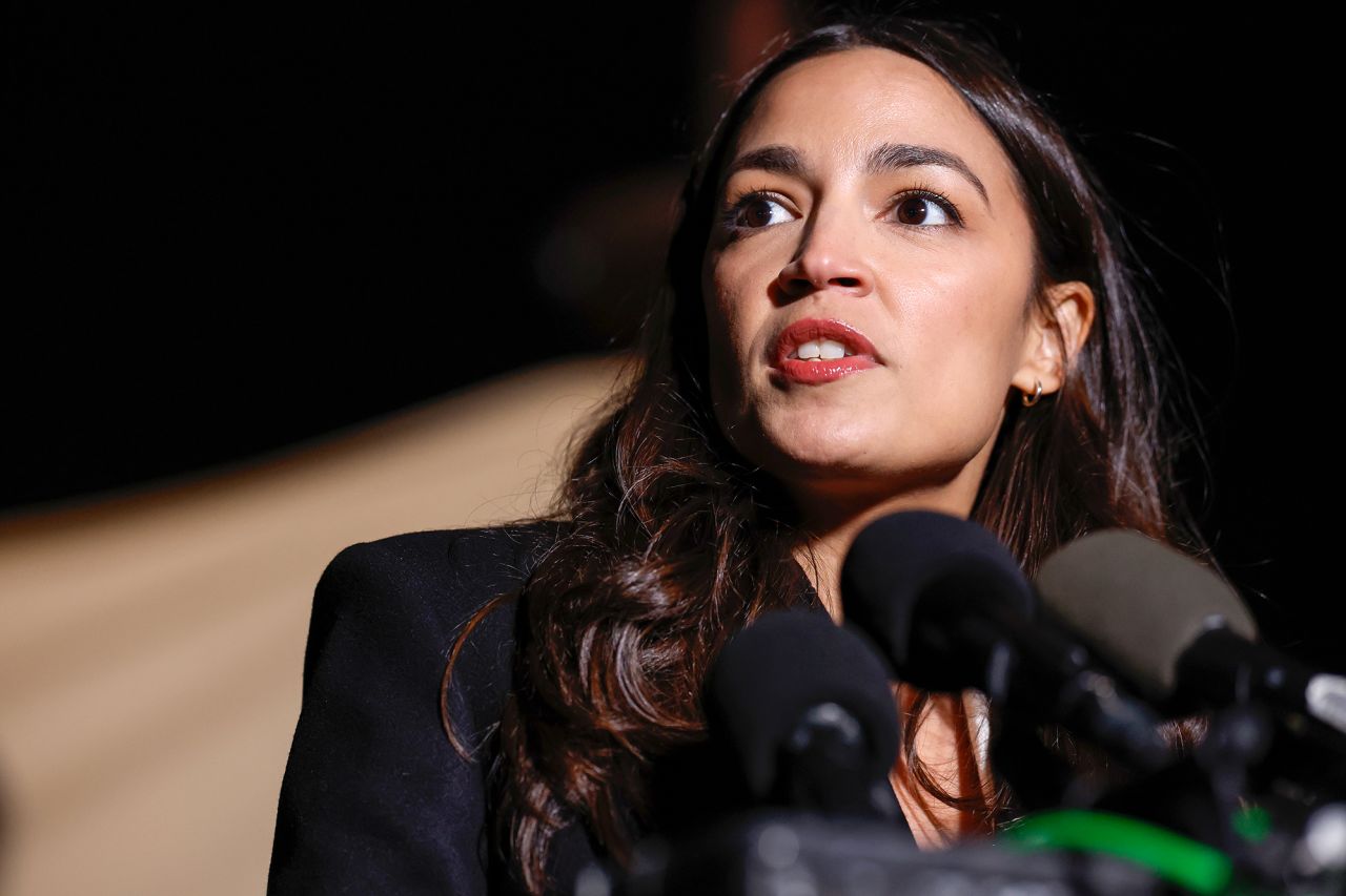 Rep. Alexandria Ocasio-Cortez speaks at a press conference in Washington, DC, on November 13, 2023.