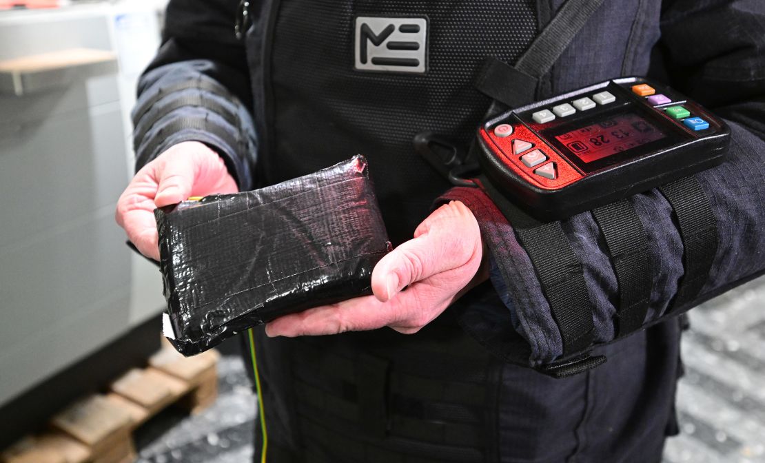 An explosive device used to blow up ATMs shown at a press event in Stuttgart, Germany on November 21, 2023.