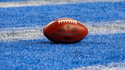 DETROIT, MI - NOVEMBER 19: A general view of the game ball resting on the turf in the end zone is seen during an NFL football game between the Chicago Bears and the Detroit Lions on November 19, 2023 at Ford Field in Detroit, Michigan.