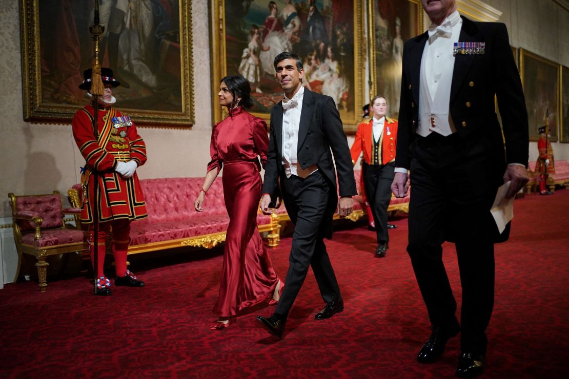 Britain's Prime Minister Rishi Sunak with his wife Akshata Murty at a state banquet at Buckingham Palace in London in November 2023.