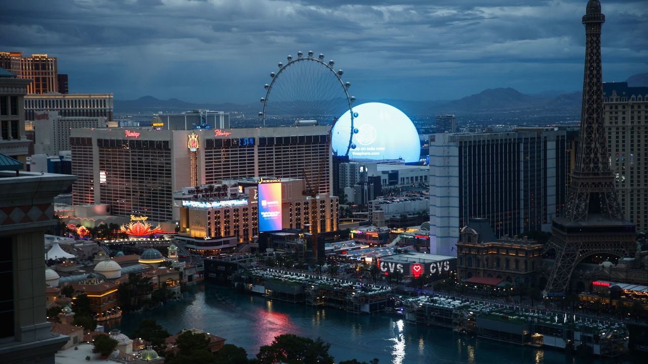 A view of the city with Sphere and Strip in Las Vegas, United States on November 16, 2023. (Photo by Jakub Porzycki/NurPhoto via Getty Images)
