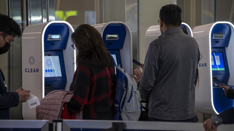Travelers use Clear Plus kiosks at San Francisco International Airport (SFO) in San Francisco, California, US, on Wednesday, Nov. 22, 2023.