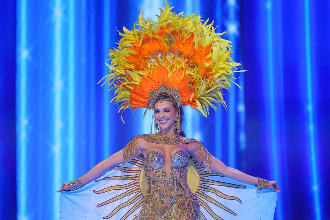 The sun was also coming up on Miss Argentina's costume, literally — it referenced her country's national symbol, the Sun of May, in numerous ways.