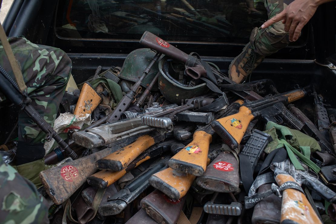 Military weapons confiscated by an armed group in Loikaw, Kayah state on November 14, 2023.