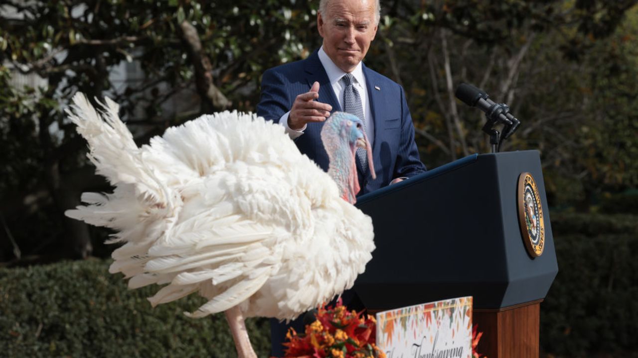 WASHINGTON, DC - NOVEMBER 20: U.S. President Joe Biden pardons the National Thanksgiving turkeys Liberty and Bell during a ceremony on the South Lawn of the White House on November 20, 2023 in Washington, DC. The 2023 National Thanksgiving Turkey, Liberty and its alternate were raised in Willmar, Minnesota and will be housed at the University of Minnesota after their pardoning. (Photo by Win McNamee/Getty Images)