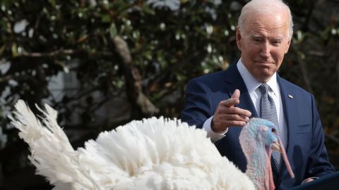 WASHINGTON, DC - NOVEMBER 20: U.S. President Joe Biden pardons the National Thanksgiving turkeys Liberty (shown) and Bell during a ceremony on the South Lawn of the White House on November 20, 2023 in Washington, DC. The 2023 National Thanksgiving Turkey, Liberty and its alternate, Bell, were raised in Willmar, Minnesota and will be housed at the University of Minnesota after their pardoning. (Photo by Win McNamee/Getty Images)