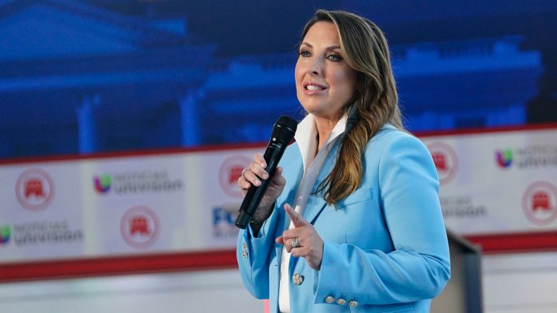 Republican National Committee Chair Ronna McDaniel speaks to the audience before the start of the second Republican presidential primary debate hosted by Fox News at Ronald Reagan Presidential Library in Simi Valley, California, on September 27, 2023.