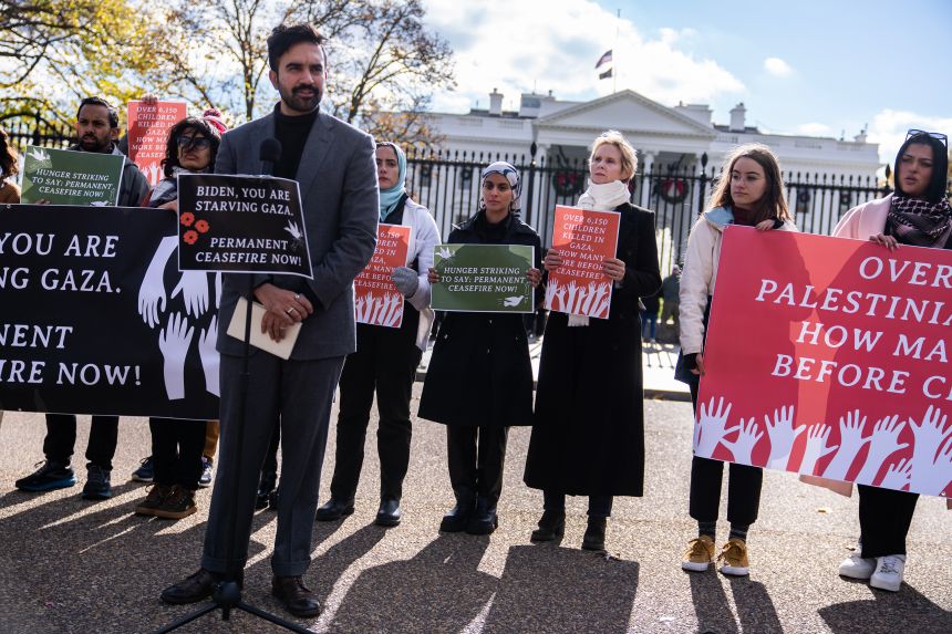 Zohran Mamdani speaks outside the White House to announce a hunger strike to demand that then-President Joe Biden call for a ceasefire in the Israel-Hamas war and cut off military aid to Israel on November 27, 2023.