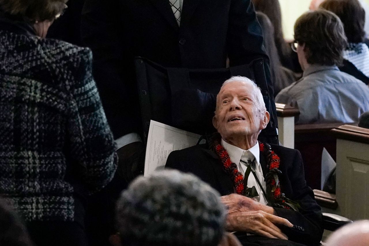 Carter departs following a funeral service for Rosalynn Carter at Maranatha Baptist Church in Plains, Georgia, on November 29, 2023.