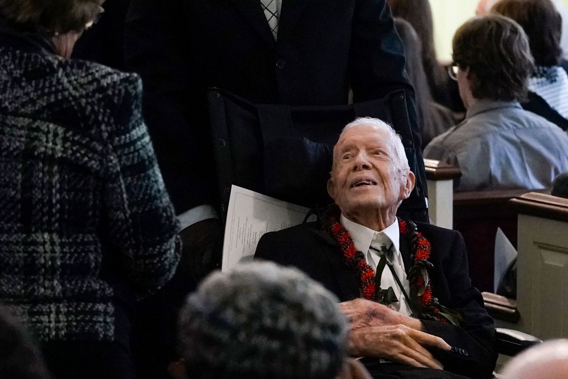 An ailing Jimmy Carter departs a funeral service for his wife, former first lady Rosalynn Carter, at Maranatha Baptist Church in Plains, Georgia, on November 29, 2023.