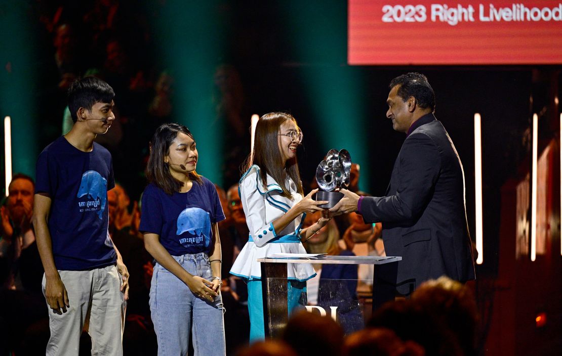 Representatives for the youth climate advocacy group Mother Nature Cambodia during the 2023 Right Livelihood Award ceremony at Cirkus arena in Stockholm, on November 29, 2023.