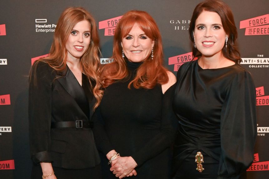 Prince Beatrice, left, Sarah Ferguson, center, and Princess Eugenie, right, at a gala in London in 2023.
