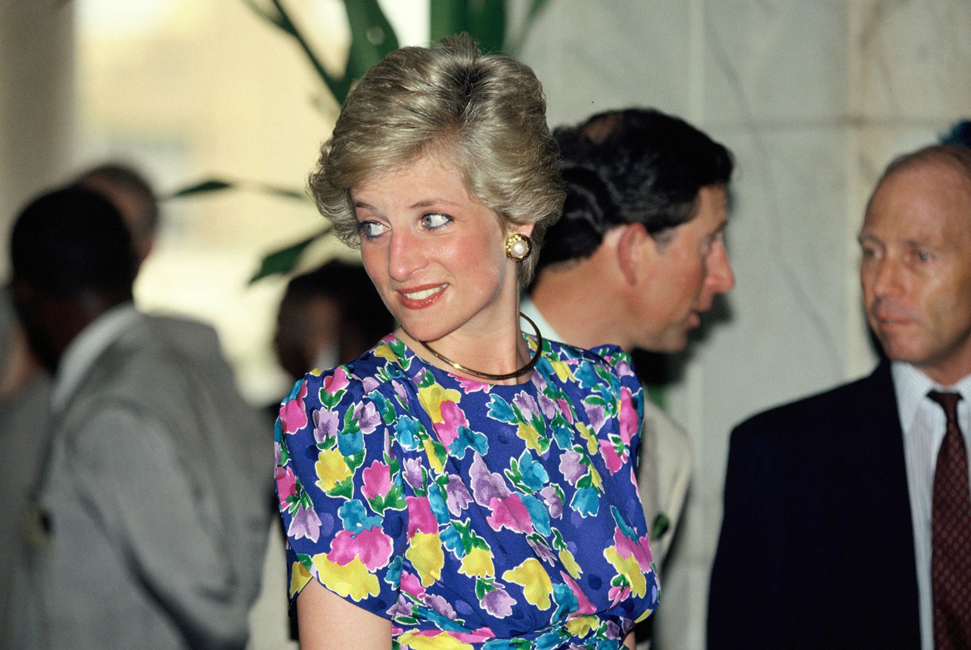 Diana, Princess of Wales, wearing a gown she dubbed her "caring dress" during an official visit to Lagos, Nigeria, in March 1990.