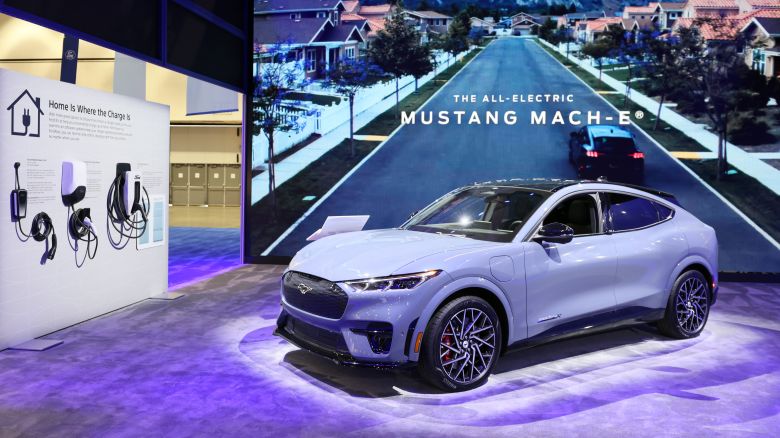 The All-Electric Ford Mach-E is displayed during the 2023 Los Angeles Auto Show at the Los Angeles Convention Center on November 24, 2023 in Los Angeles, California.