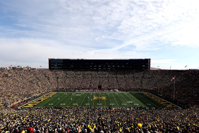 <strong>Michigan Stadium, Michigan —</strong><br />The University of Michigan's stadium in Ann Arbor is the third largest in the world. When its full, it houses 109,901 Michigan Wolverines fans.