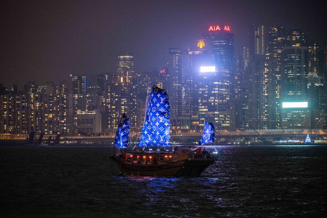 A Louis Vuitton-branded junkboat sailed through Victoria Harbour as part of the show. The brand opened their first store in the city in 1979.