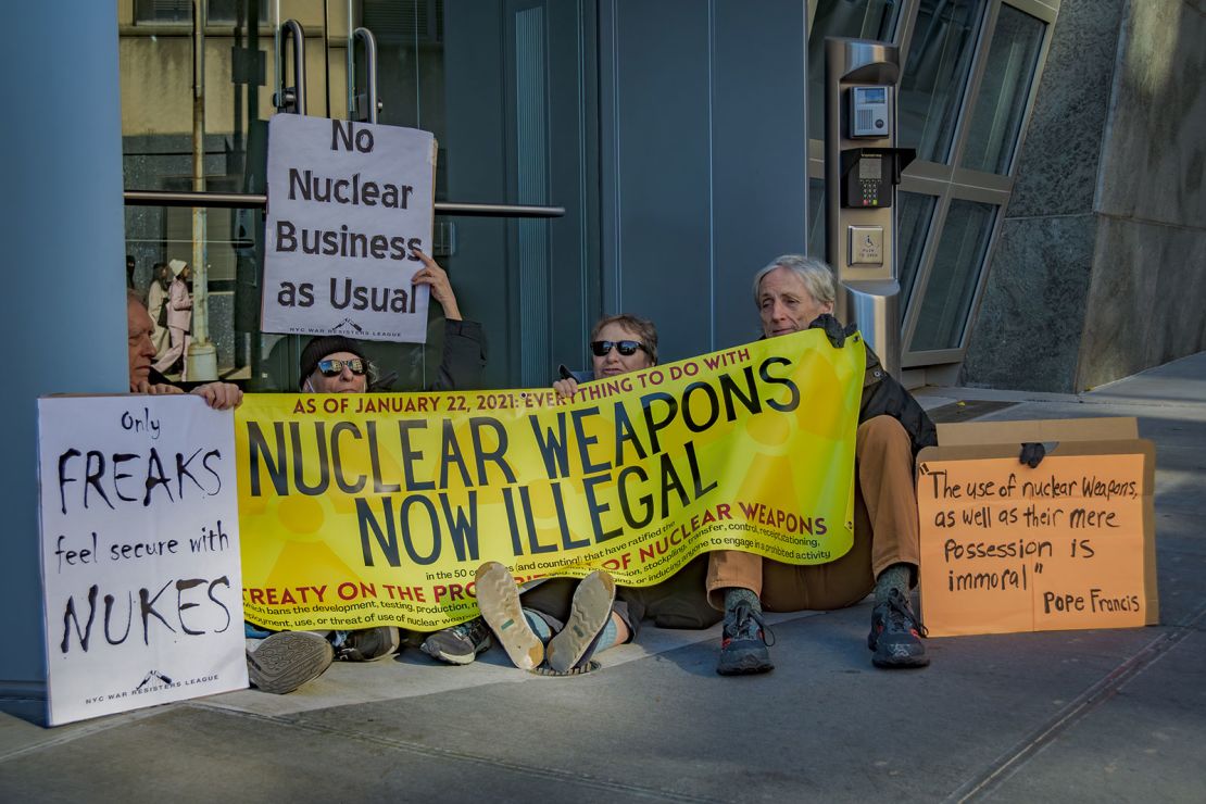 Protesters against nuclear weapons outside the US mission to the UN.