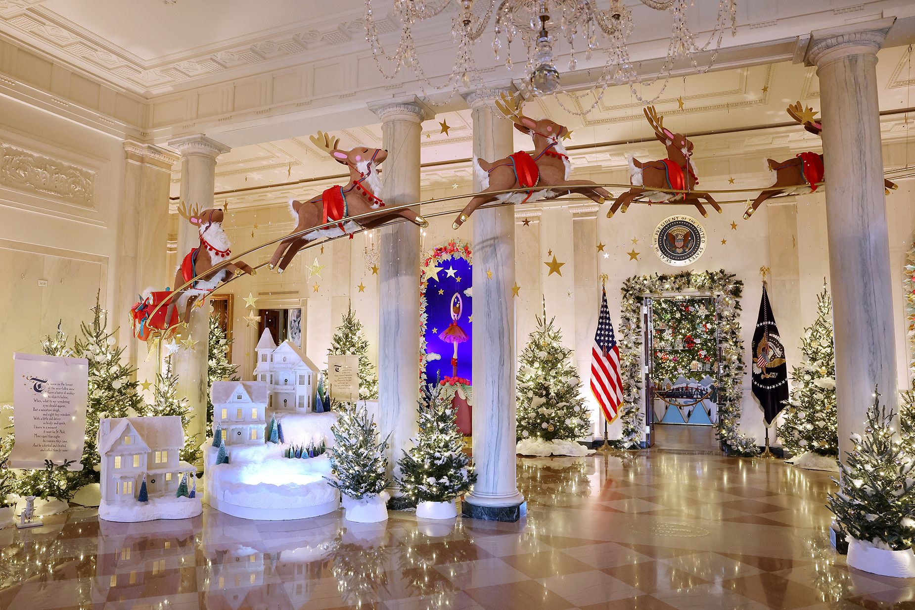<strong>2023: </strong>Santa and his reindeer take flight in the White House, celebrating the 200th anniversary of the book "’Twas the Night Before Christmas."