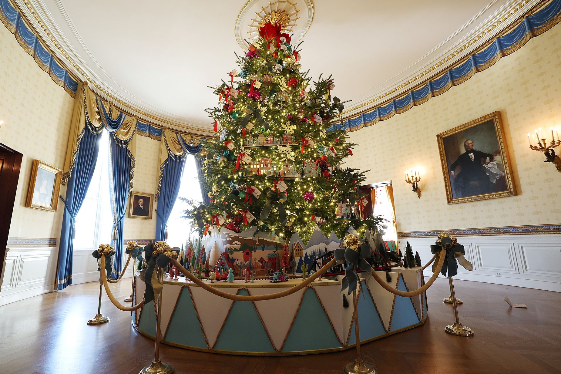 <strong>2023: </strong>Though there are 98 Christmas Trees on the White House premises this year, the official tree has a longstanding tradition of being placed in the Blue Room.