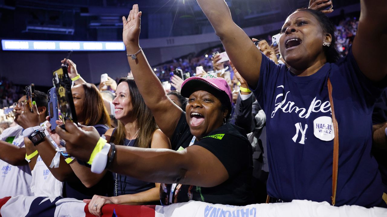 Attendees cheer as democratic presidential nominee, U.S. Vice President Kamala Harris arrive at a campaign rally at the Bojangles Arena on September 12, 2024 in Charlotte, North Carolina. Later today Harris will travel to a campaign event in Greensboro, North Carolina.