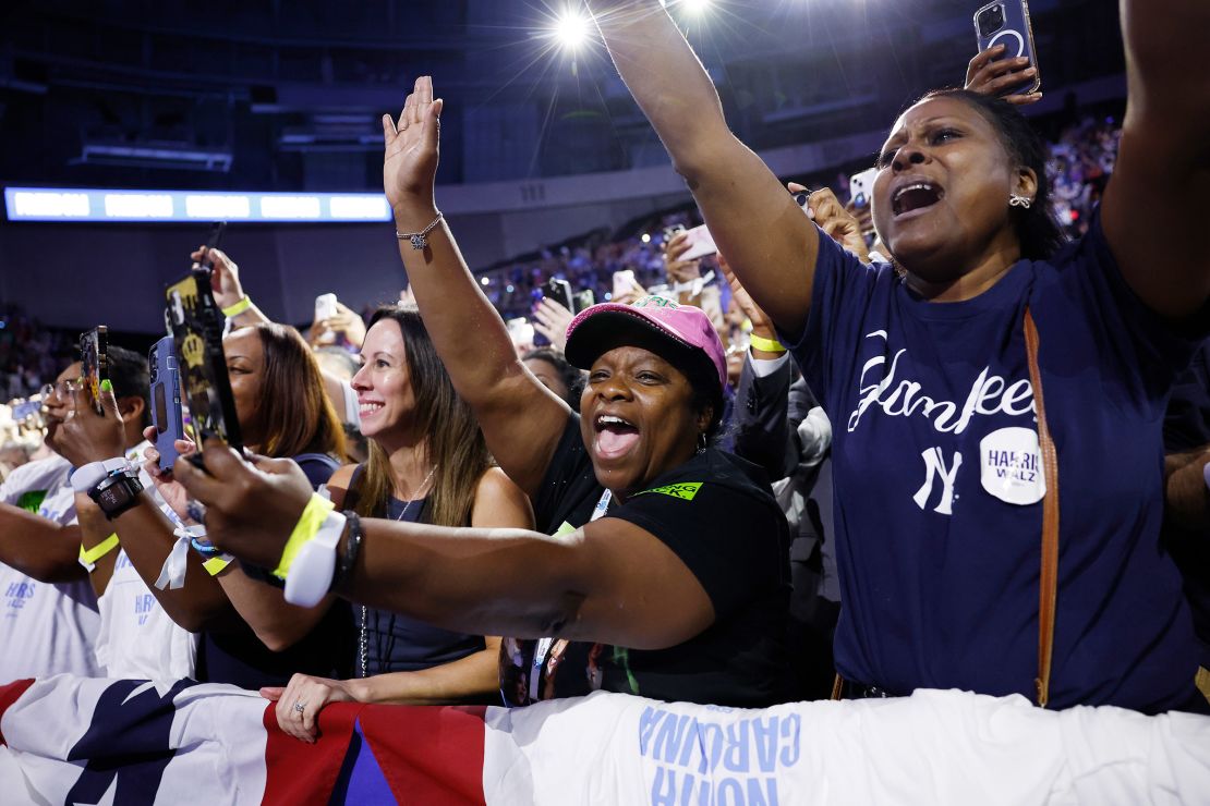 Attendees cheer as Harris arrives at a rally in Charlotte, North Carolina, on September 12, 2024.