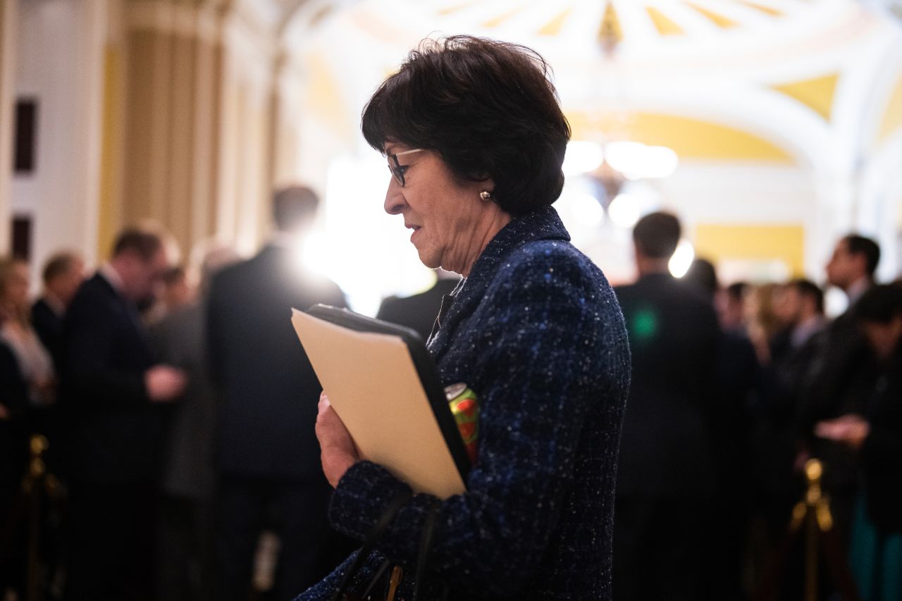 Sen. Susan Collins is seen after the senate luncheon at the US Capitol on November 28, 2023.