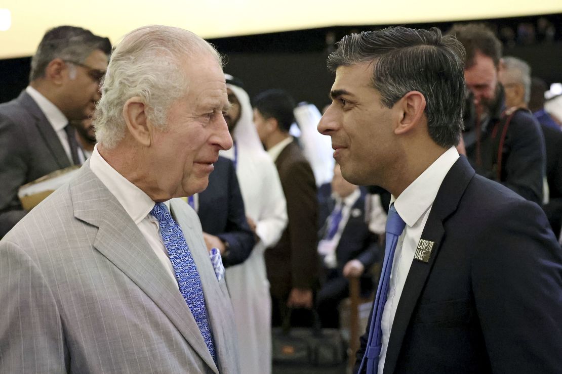 King Charles speaks with British Prime Minister Rishi Sunak during the opening ceremony of the World Climate Action Summit in Dubai, United Arab Emirates, on December 1, 2023. Chris Jackson/Getty Images