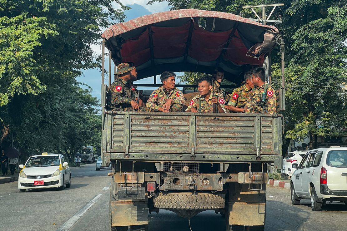 Myanmar military personnel patrol in Yangon on on December 4, 2023.