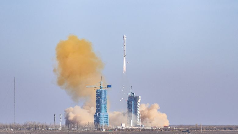 ALXA, CHINA - DECEMBER 04: A Long March 2C carrier rocket carrying three satellites, including Egypt's remote-sensing satellite MISRSAT-2, blasts off from the Jiuquan Satellite Launch Center on December 4, 2023 in Alxa League, Inner Mongolia Autonomous Region of China. (Photo by VCG/VCG via Getty Images)