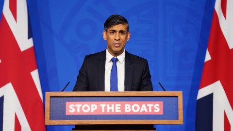 LONDON, ENGLAND - DECEMBER 7:  Prime Minister Rishi Sunak conducts a press conference in the Downing Street Briefing Room, as he gives an update on the plan to "stop the boats" and illegal migration on December 7, 2023 in London, England. (Photo by James Manning - WPA Pool/Getty Images)