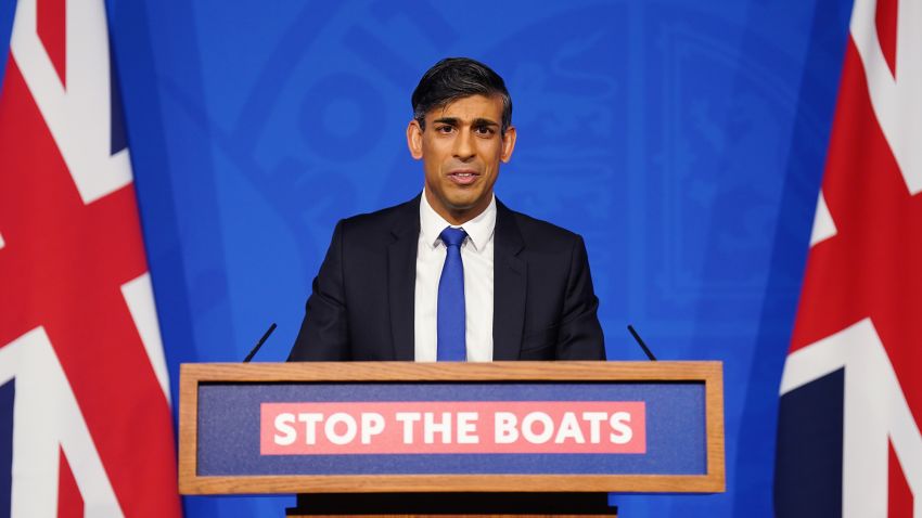 LONDON, ENGLAND - DECEMBER 7:  Prime Minister Rishi Sunak conducts a press conference in the Downing Street Briefing Room, as he gives an update on the plan to "stop the boats" and illegal migration on December 7, 2023 in London, England. (Photo by James Manning - WPA Pool/Getty Images)