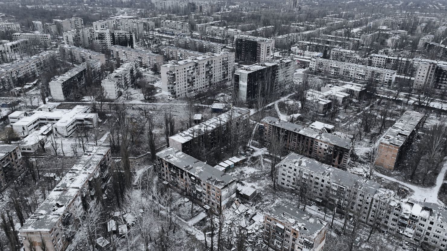 An aerial view of Avdiivka, Ukraine, photographed from a drone, on December 7, 2023.