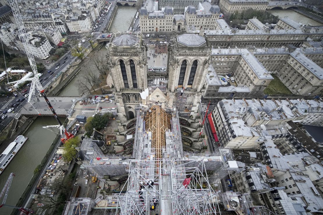 This photograph, taken from atop the cathedral, shows the structure of the building during reconstruction work in December 2023.