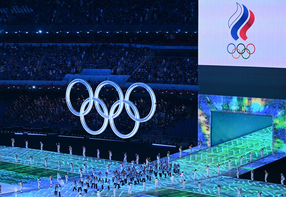Athletes from the ROC enter the stadium in Beijing, China on February 2022.