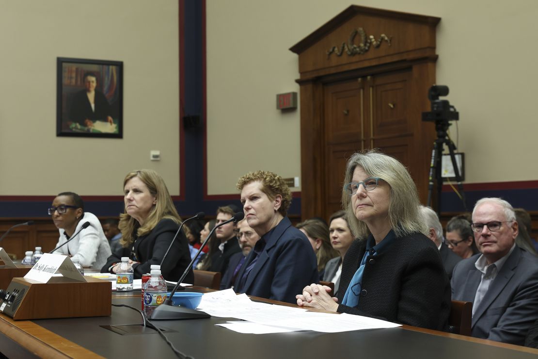 Harvard University President Claudine Gay, University of Pennsylvania President Liz Magill, President of University of Pennsylvania, American University professor of history and Jewish Studies Pamela Nadell and MIT President Sally Kornbluth testify before the House Education Committee hearing to investigate antisemitism on college campuses.