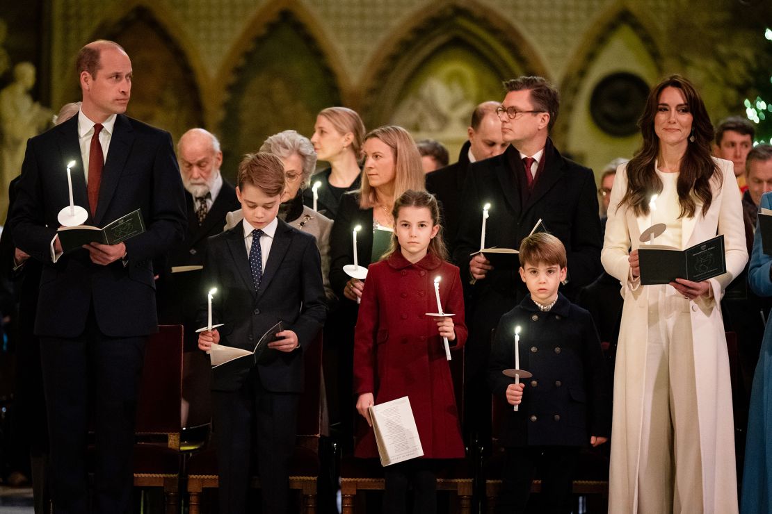 Prince William, Prince of Wales, Prince George, Princess Charlotte, Prince Louis and Catherine, Princess of Wales during the "Together at Christmas" service at Westminster Abbey on December 8, 2023 in London, England.