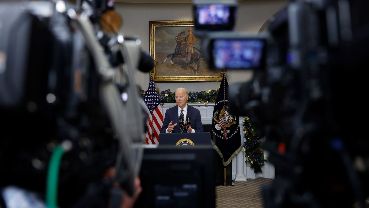 WASHINGTON, DC - DECEMBER 06: Framed by television cameras, U.S. President Joe Biden delivers a statement urging Congress to pass his national security supplemental from the Roosevelt Room at the White House on December 06, 2023 in Washington, DC. Following a virtual meeting with G7 leaders and Ukrainian President Volodymyr Zelensky, Biden called on Congress to take action on the security budget supplemental request which includes funding to support Israel, Ukraine and added security along the U.S.-Mexico border. (Photo by Anna Moneymaker/Getty Images)