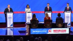 From left, Republican presidential candidates Chris Christie, Nikki Haley, Ron DeSantis and Vivek Ramaswamy participate in the fourth primary debate in Tuscaloosa, Alabama, on December 6, 2023.
