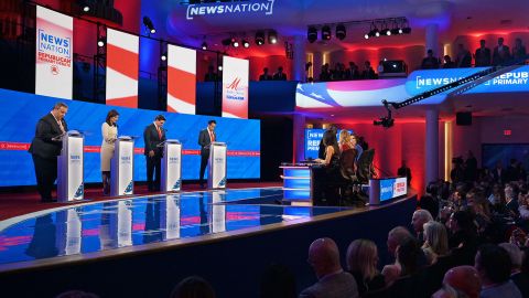 Former New Jersey Gov. Chris Christie, former UN Ambassador Nikki Haley, Florida Gov. Ron DeSantis and Vivek Ramaswamy participate in the NewsNation Republican Presidential Primary Debate at the University of Alabama Moody Music Hall on December 6, 2023 in Tuscaloosa, Alabama.