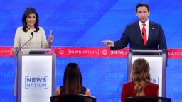 Republican presidential candidates former UN Ambassador Nikki Haley, left, and Florida Gov. Ron DeSantis participate in the NewsNation Republican Presidential Primary Debate at the University of Alabama Moody Music Hall on December 6, 2023, in Tuscaloosa, Alabama.