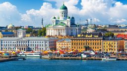 Scenic summer panorama of the Market Square (Kauppatori) at the Old Town pier in Helsinki, Finland